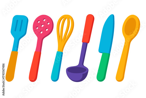 Brightly colored collection of essential kitchen cooking tools and utensils