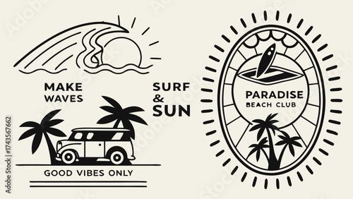 Collection of retro surf shop logo designs with vintage beach and ocean vibes