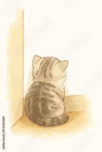 A cat is sitting on the floor face to the wall