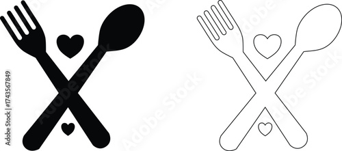 Food icons set, plate, fork, knife and spoon, set logotype menu, cutlery icon, tableware sign, catering icons, restaurant signs