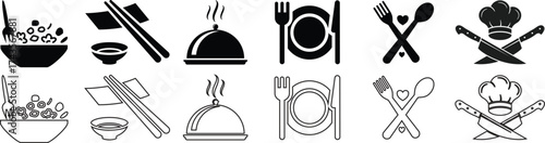 Food icons set, plate, fork, knife and spoon, set logotype menu, cutlery icon, tableware sign, catering icons, restaurant signs