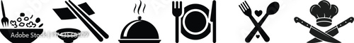 Food icons set, plate, fork, knife and spoon, set logotype menu, cutlery icon, tableware sign, catering icons, restaurant signs