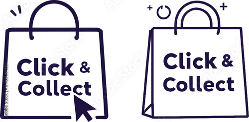 Click & Collect shopping bag icon set with cursor, sparkles, and circular arrow in minimal black line style for retail design