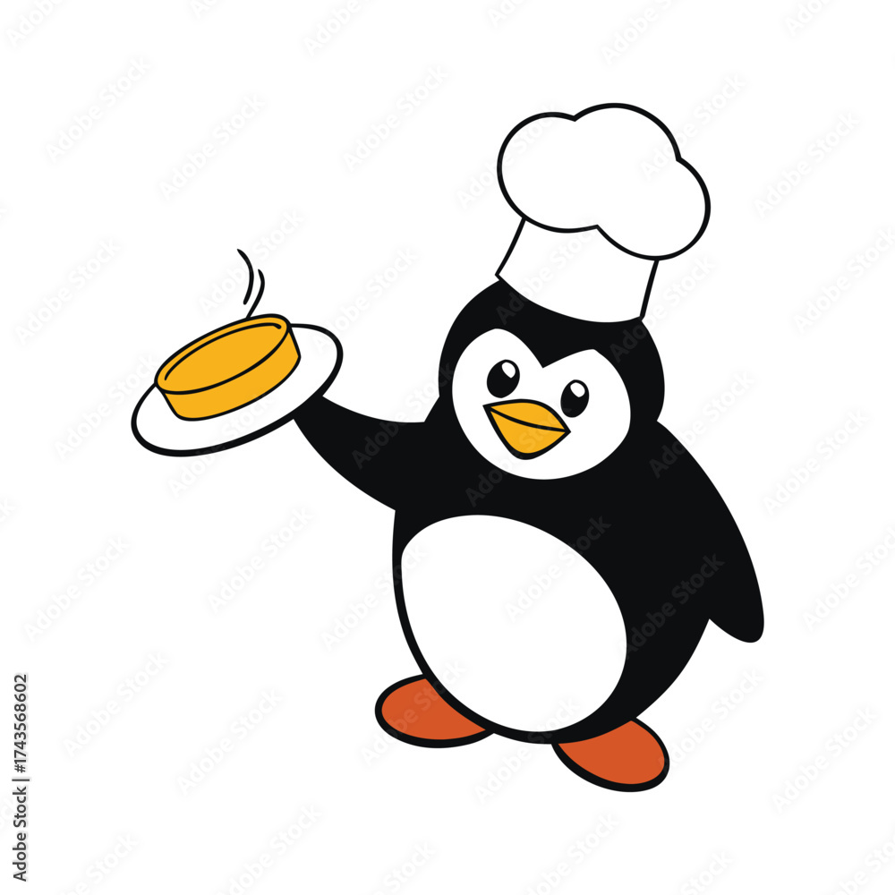 Fototapeta premium Cartoon Chef Penguin Serving a Hot Dish
