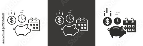 flat and linear set icons, money savings icon, plan retirement, piggy bank, pension fund, employee income, simple symbols on white and black background - editable stroke vector illustration