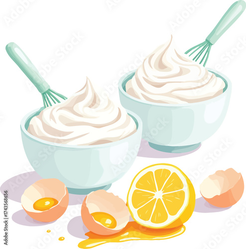 Cooking preparation scene with bowls, whisks, cracked eggs, and lemon juice in minimal kitchen style for recipe design
