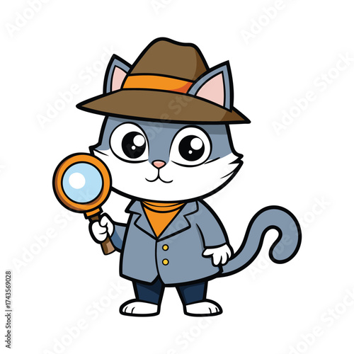Cute cartoon cat detective with magnifying glass