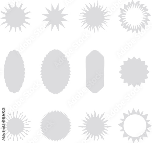 Abstract shape icon set with sunburst, starburst, and organic forms in symmetrical gray design for decorative use