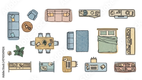Colorful Furniture Outline Top View Vector Set – Floor Plan Icons for Interior and Architectural Design