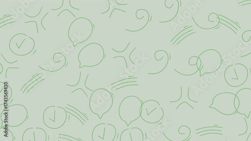 Seamless pattern of hand-drawn green line art icons including speech bubbles, checkmarks, clocks, starbursts, and swirls on a light green background.