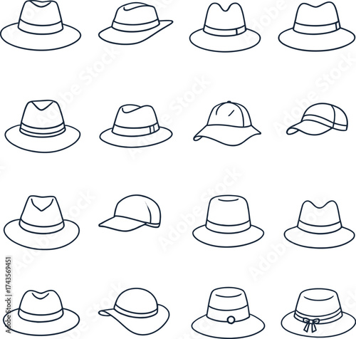 Hat icon set with various styles including fedoras, sun hats, baseball caps, and brimmed headwear in clean line design