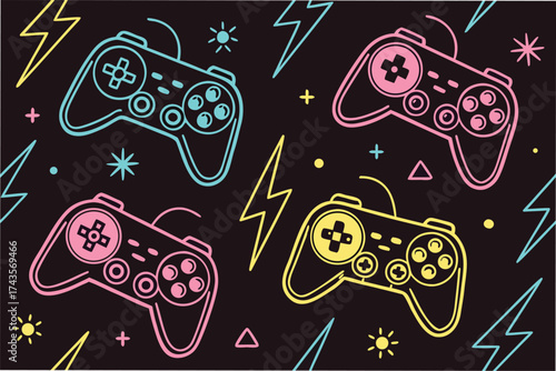 Nostalgic seamless pattern featuring a repeating arrangement of classic retro video game controllers in vibrant colors perfect for gaming themes