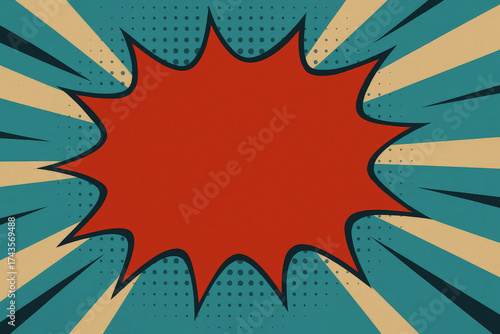 Comic style pop art explosion background with empty red speech bubble and vibrant halftone rays