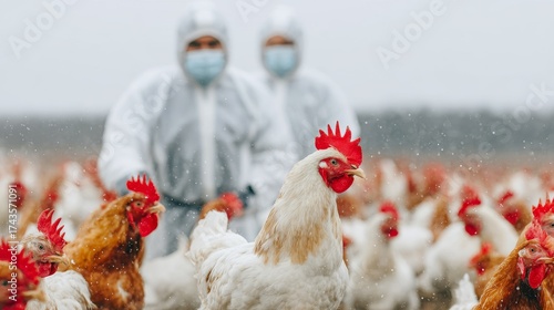 Modern poultry farm during avian influenza prevention with workers disinfecting cages and ground in full protective suits
