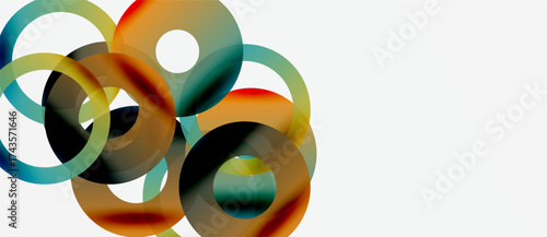 Abstract composition featuring overlapping colorful circles. Gradient hues blend, creating dynamic visual texture. Minimalist design, modern aesthetic.