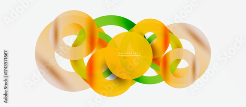 Abstract colorful lines create flowing shapes. Overlapping circles form dynamic composition, modern design element. Bright hues suggest energy, movement.