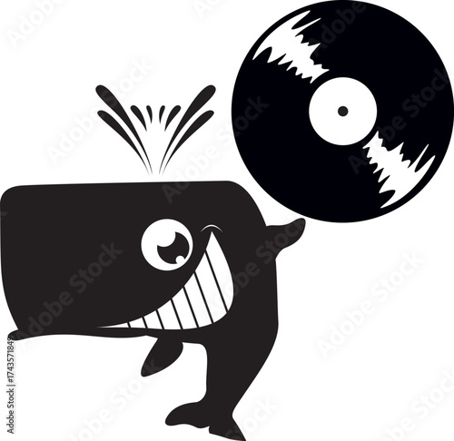 Cute whale holding a long play record. Black and white illustration