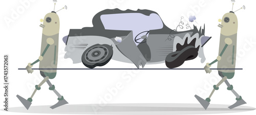 Tow truck. Wrecker. Crashed car. Robot.Technical help robots transport a crashed car on stretcher