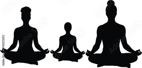 Family meditation silhouettes, yoga poses vector, mindfulness illustration, people meditating together, peaceful relaxation posture, wellness lifestyle concept art