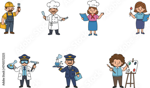 Vector illustration of various professional characters including engineer, chef, teacher, scientist, pilot, and artist in cartoon style on white background.