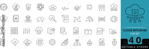 Cloud Database Line Icon Set. Includes editable icons for data storage, cloud computing, networking, and digital technology