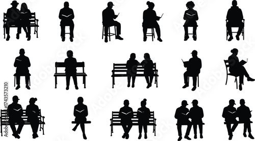 People reading silhouettes, park bench illustration, sitting figures vector, reading activity design, leisure lifestyle scene, education concept, CAD drawing flat vector