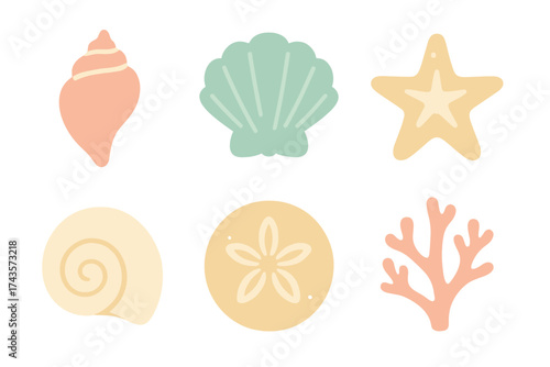 Pastel colored seashells, starfish, sand dollar, and coral elements