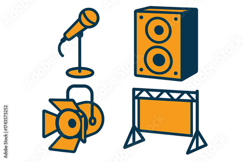 Stage equipment symbols including microphone, speaker, spotlight, and screen