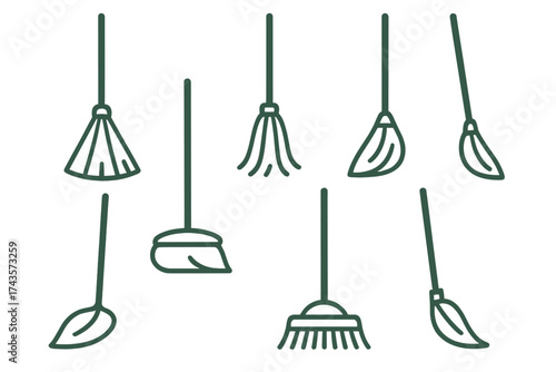 Collection of simple outline icons featuring various cleaning brooms and sweeping tools