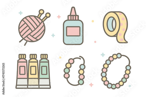 Pastel colored icons representing various creative crafting and DIY hobby supplies