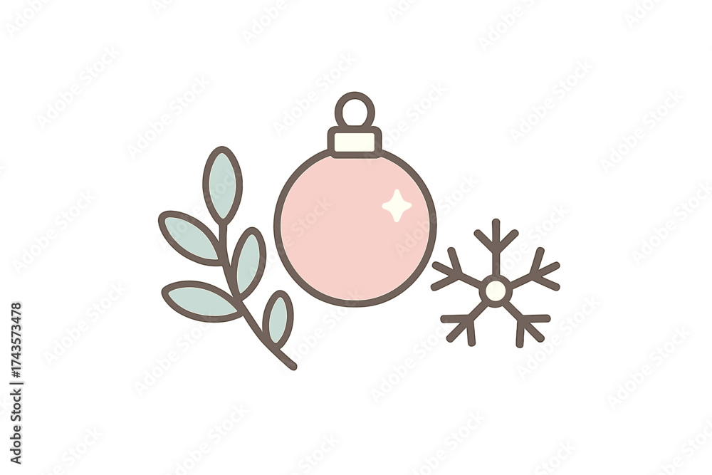 Fototapeta premium Minimalist winter holiday elements set with ornament, snowflake, and foliage