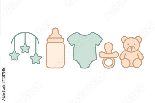 Collection of essential newborn baby care items and toys in soft pastel colors
