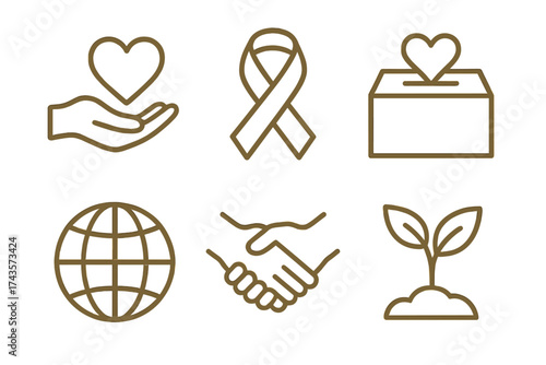 Outline icons for charity, donation, global responsibility, and environmental care