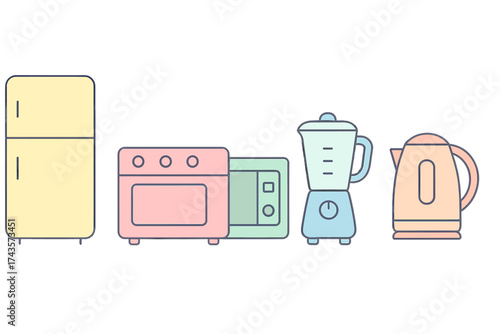 Set of household kitchen appliances including refrigerator, stove, microwave, blender, and kettle