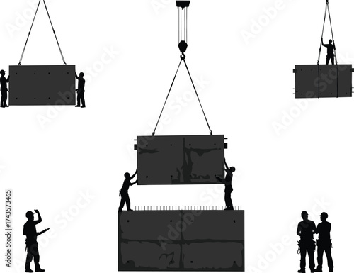 Construction workers guiding crane load, heavy lifting operation, teamwork at building site, industrial safety illustration, vector silhouette for engineering and architecture design