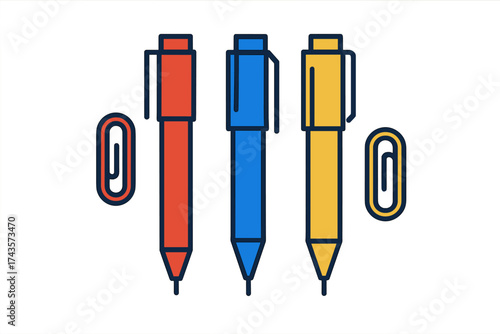 Colorful writing pens and metal paper clips representing office supplies