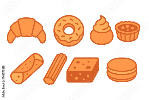 Assortment of sweet bakery and dessert items including croissant donut macaron and tart
