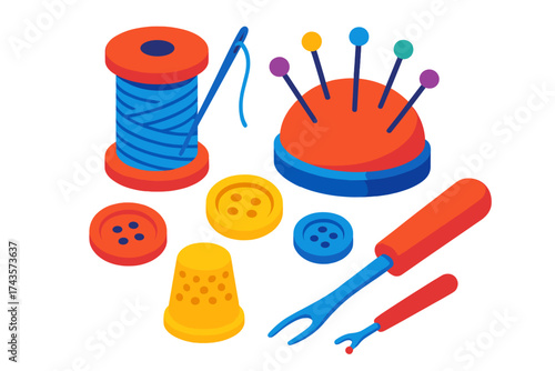 Isometric collection of essential sewing and tailoring supplies including thread, needle, buttons, and pincushion