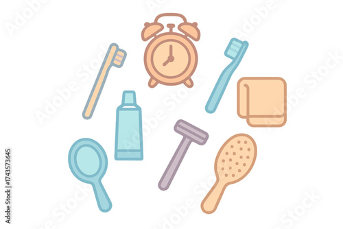 Essential daily routine items set including alarm clock, toothbrushes, toothpaste, and razor