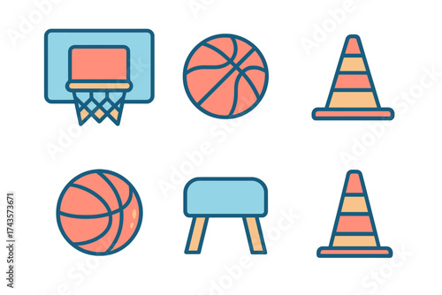 Sports and training equipment set featuring basketball, hoop, pommel horse, and traffic cones