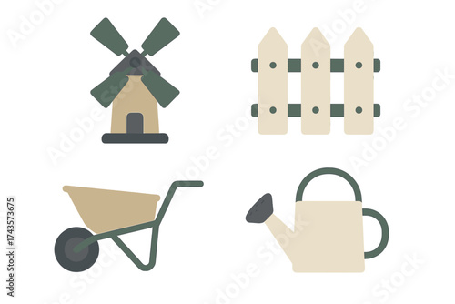 Set of essential farming and gardening elements including windmill, fence, wheelbarrow, and watering can