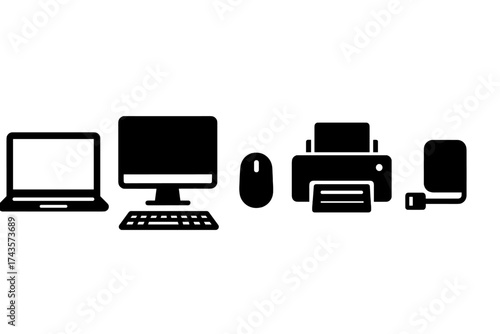 Set of essential computer hardware and peripheral devices for technology