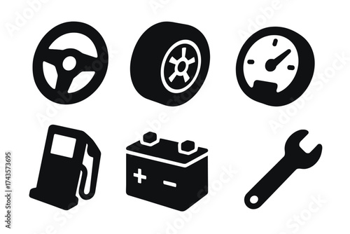 Steering wheel, tire, gauge, fuel pump, car battery, and wrench icons for automotive service