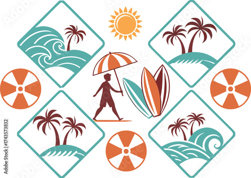 Vibrant collection of beach themed icons for summer holidays and coastal designs