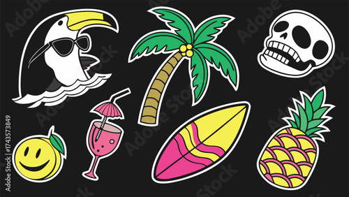 A vibrant collection of summer themed stickers featuring colorful illustrations of beach scenes fruits and outdoor activities for festive decorations and designs