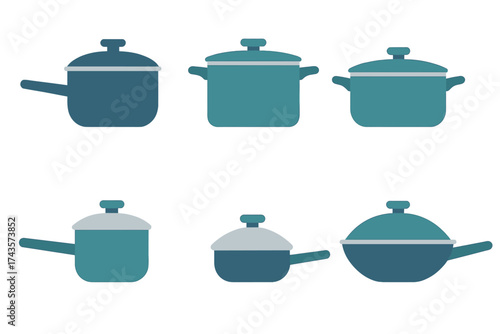 Collection of various kitchen cooking pots and pans with lids in flat design