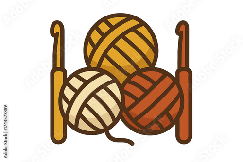 Three colorful balls of wool yarn with two crochet hooks for hobby knitting and crafting
