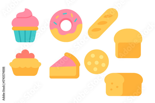 Colorful assortment of sweet bakery items including bread, donuts, cupcakes, and pie