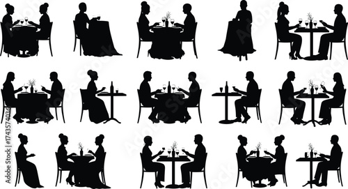 Couple dining silhouettes, restaurant date vector art, romantic dinner illustration, people eating, drink glasses scene, café conversation, elegant lifestyle flat design