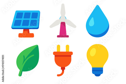 Six colorful flat symbols for renewable energy, ecology, and environmental conservation